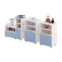 Set mobilier modular pentru grădiniță, cu polițe deschise și compartimente închise
