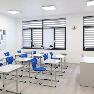 Set mobilier școlar reglabil pe 10 trepte, cu scaun scoică din poliuretan